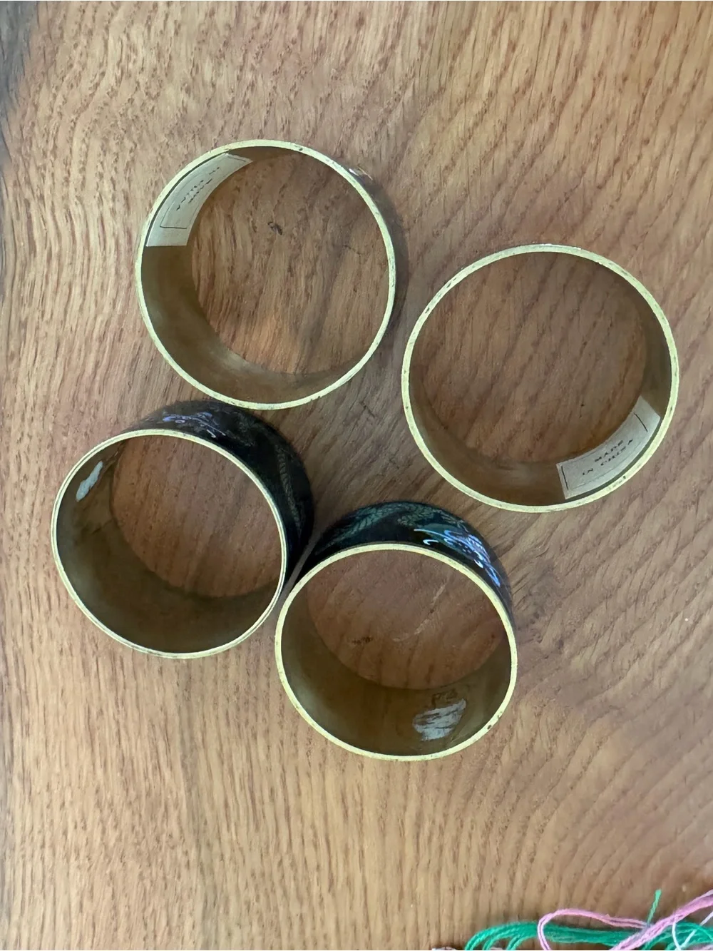 4 Vintage Cloisonné Napkin Rings Brass Enamel Floral Dragon Asian Design